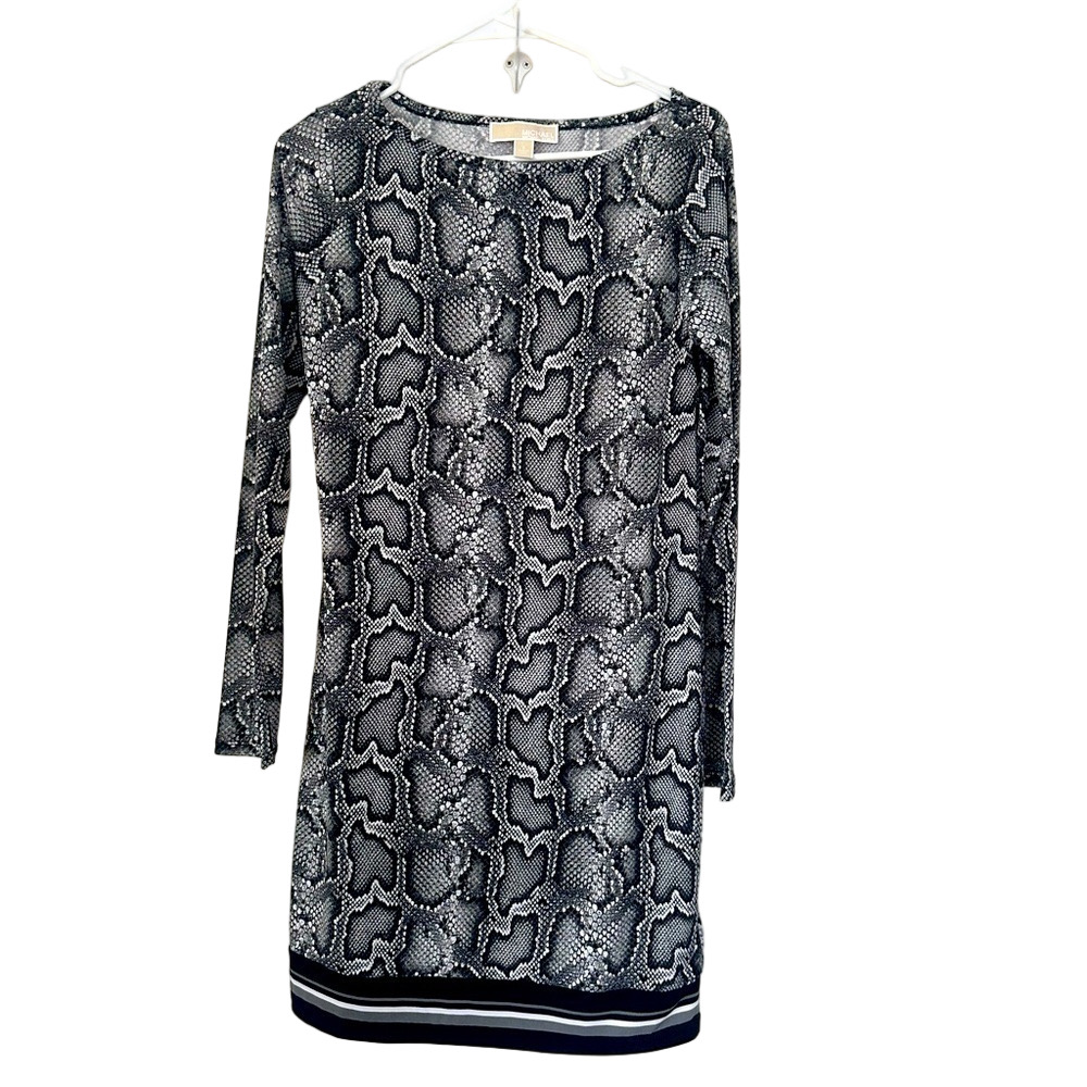 Michael Michael Kors Black Gray White Snake Print Stretchy Long Sleeve Dress S